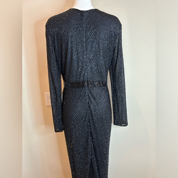 Mac Duggal Black 16 Long Sleeve Beaded Midi Cocktail Dress NWT Lattice Beads - Picture 6 of 9